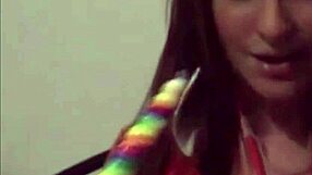 brunette babe shows pvc panties for masturbation.