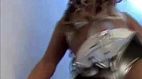 brunette babe shows pvc panties for masturbation.