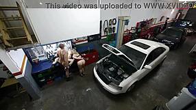 Two Slutty Tattooed MILFs in Lingerie Anal Fuck and Rimjob Bent Over in Workshop