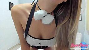 Latina blonde in lingerie giving joi with anal plug, begging for cum in her ass