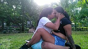 latina milf kissing outdoors with colombian amateur lesbian fun
