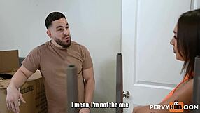 On moving day, Peter Green and Sisi Rose share one last blowjob.