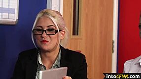 CFNM office babes dominate and suck off their sub in wild British threesome.