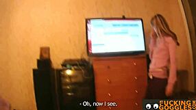 petite babe strips down, teases, and sucks cock in a steamy voyeur scene with ripped clothes