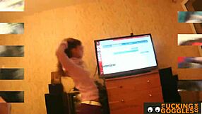 petite babe strips down, teases, and sucks cock in a steamy voyeur scene with ripped clothes