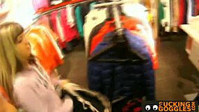 petite babe strips down, teases, and sucks cock in a steamy voyeur scene with ripped clothes