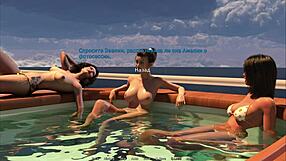 In Waterworld, on the ship, a MILF gives a footjob