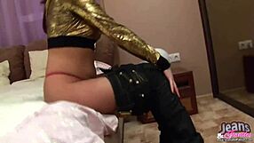 BLONDE BABE INVITES YOU TO PEEK AT SHINY GOLD PVC PANTIES!
