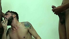 guy casually sucks two mega endowed cocks in bareback scene