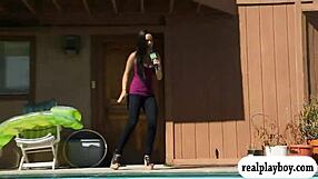 girl swims topless in monofins for some cash, flashing outdoors