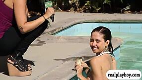 girl swims topless in monofins for some cash, flashing outdoors