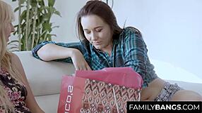 pretty step sisters aali and sinn enjoy a strapon session on the sofa