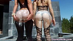 oh wow, these milk fetish lesbians are squirting enemas everywhere!