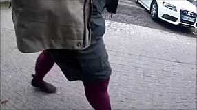 Woman in pantyhose outdoors says, 'This is public.'