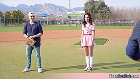 Sportstar teen with small tits gets blowjob from machine in uniform