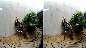 Young girl smokes topless in leather skirt!