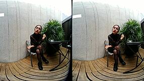 Young girl smokes topless in leather skirt!