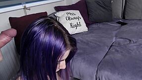 cum on purple hair in blowbang bukkake frenzy!