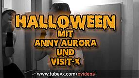 Redhead in costume rides at Halloween party