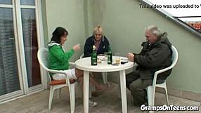 Teen handles grandpa's cock in wet youthful slit