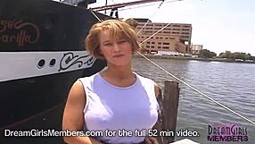 mindy's gigantic tits on display as she strips naked in public