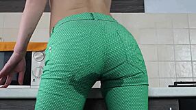 Russian girl sasha bikeyeva teases and pees through tight green pants
