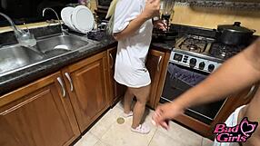 hot latina milf stepmother fucks teen stepson in the kitchen with hot conversation