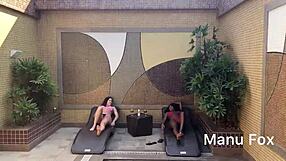 Interracial lesbian action with Bruna Black licking Manu Fox's pussy to orgasm.