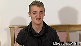 Young UK twink Ash Williams boldly strokes his huge monster cock in casting interview