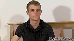 Young UK twink Ash Williams boldly strokes his huge monster cock in casting interview