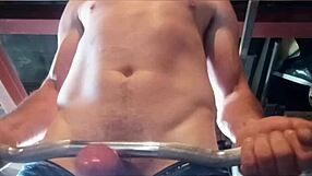 Stroking monster cock until multiple cums during workout