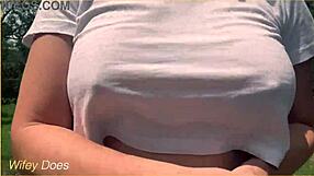 milf dares to run braless flashing big tits in public