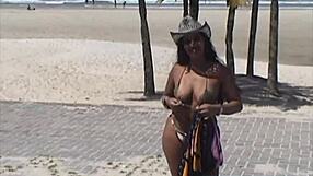 Exibicionismo on beaches with tiny thong and tight shorts on big brunette ass