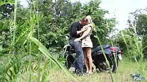 blonde babe get cum on her big tits when fucked outdoor