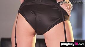 Glamorous blondie sascha aleksander taking off her sexiest black lingerie