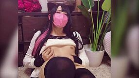 The cat-ear ladyboy in thong masturbates on stream