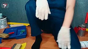 Painter Fingers Her Tight Wet Pussy Using Work Tools