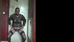 Shy Crossdresser Stretches Ballsacks in Thong and Fishnets