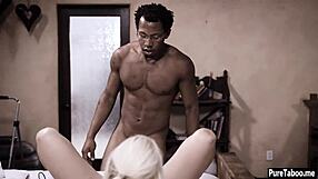 Did black guy just smash teen virgin's hairy pussy? Hot garage action unfolds.