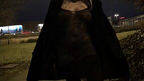 Blonde British babe flashes her tits downtown at night