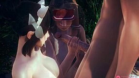 Uncensored Hentai Threesome with Two Asian Girls and One Boy Featuring Cumshots and Assfucking.