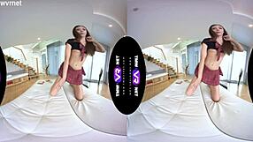 stefany in fully clothed outfit reaches orgasm on the sofa.