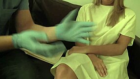 the blonde gives a blowjob through the glory hole. then quickie fucking with shaved pussy and big lips.