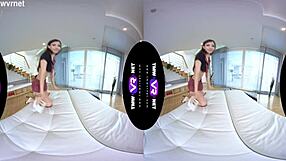 stefany in fully clothed outfit reaches orgasm on the sofa.