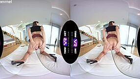 stefany in fully clothed outfit reaches orgasm on the sofa.