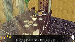 In the horror mansion, she gives a footjob under the desk during the game.