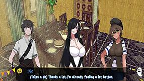 In the horror mansion, she gives a footjob under the desk during the game.