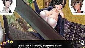 In the horror mansion, she gives a footjob under the desk during the game.