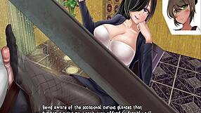 In the horror mansion, she gives a footjob under the desk during the game.