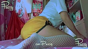 Amateur Girl in Fishnet Stockings Bangs Cucumber Hard.